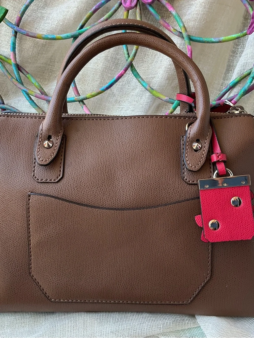 Guess Colorblock Leather Satchel in Brown, White & Pink